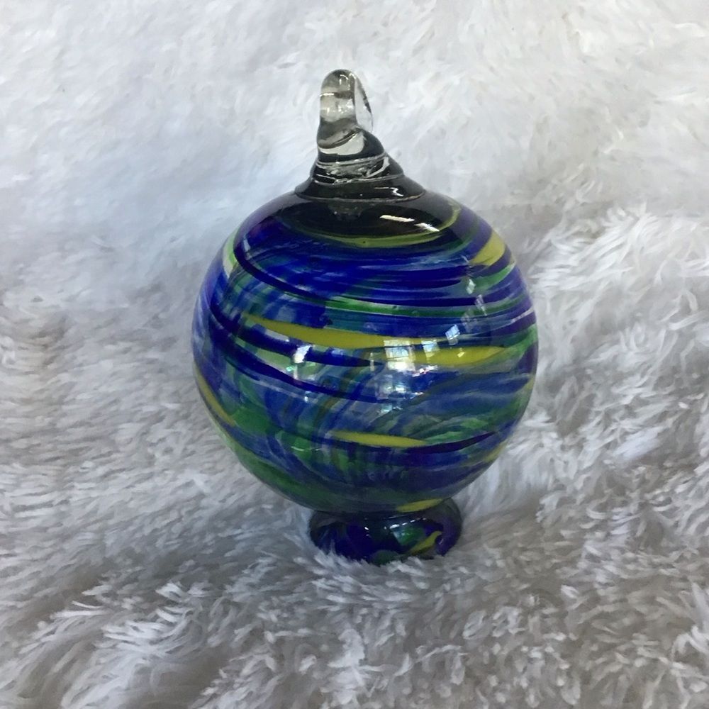 Hand Crafted Glass Orb with Vibrant Blue and Yellow Patterns - Picture 4 of 6